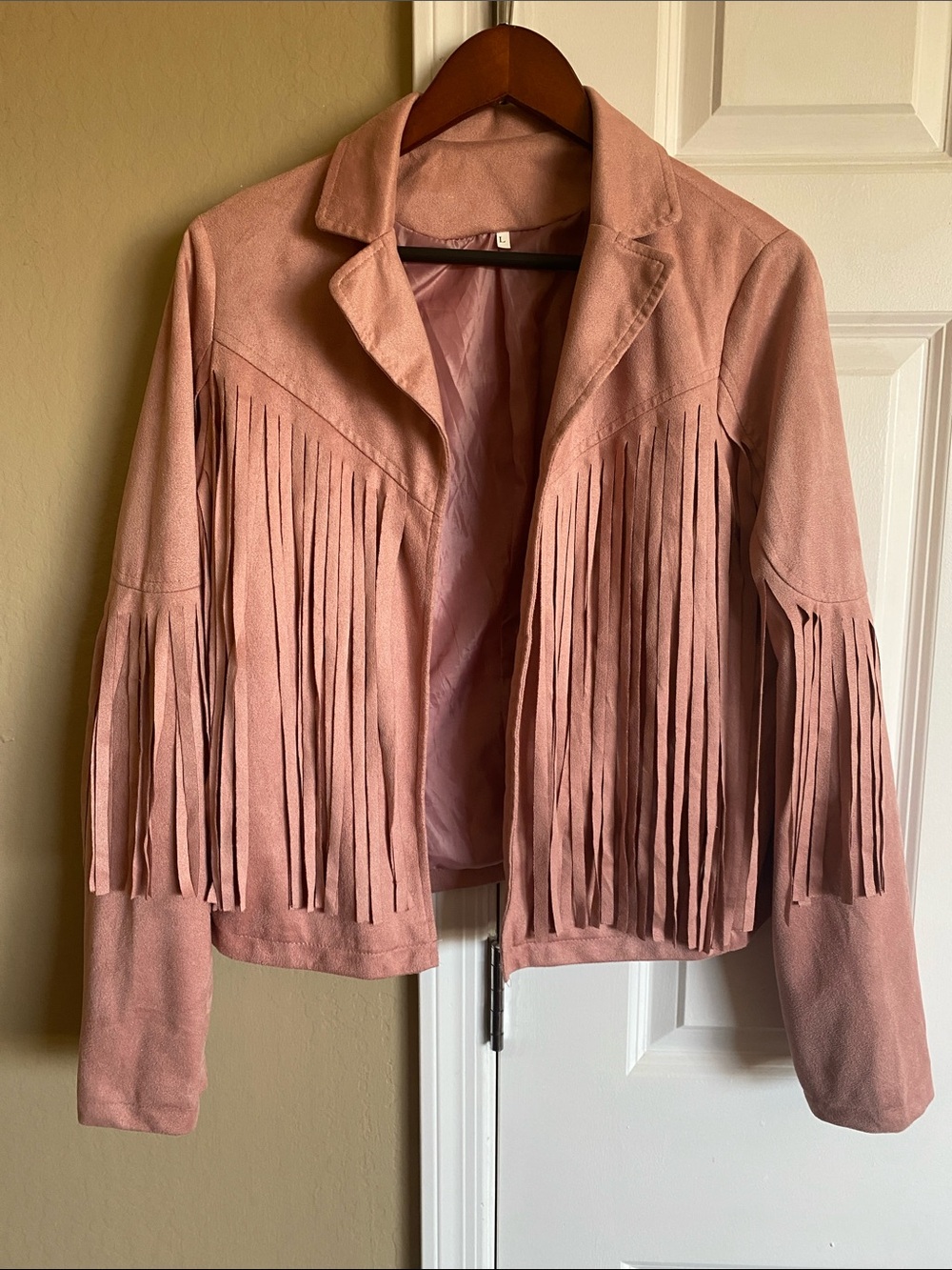 Dusty Rose Shimmer Faux Suede Fringe Western Jacket Size L